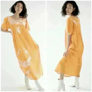 Anthropologie Orange Midi Dress with White Embroidery